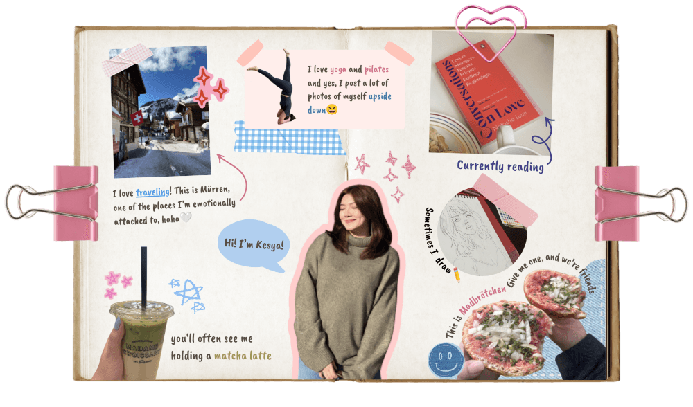 A scrapbook page from Kesya — photos, doodles, and little notes.